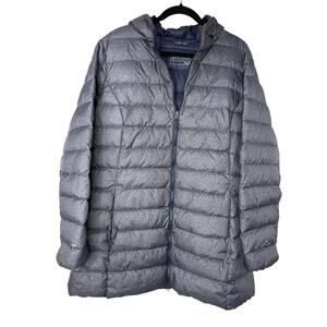 Eddie Bauer EB650 Down Hooded Puffer Coat Women’s XXL Gray Blue Long Lightweight